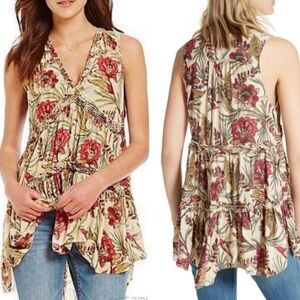 Free People Tiered layered floral bird print blouse top S sleeveless boho NWT